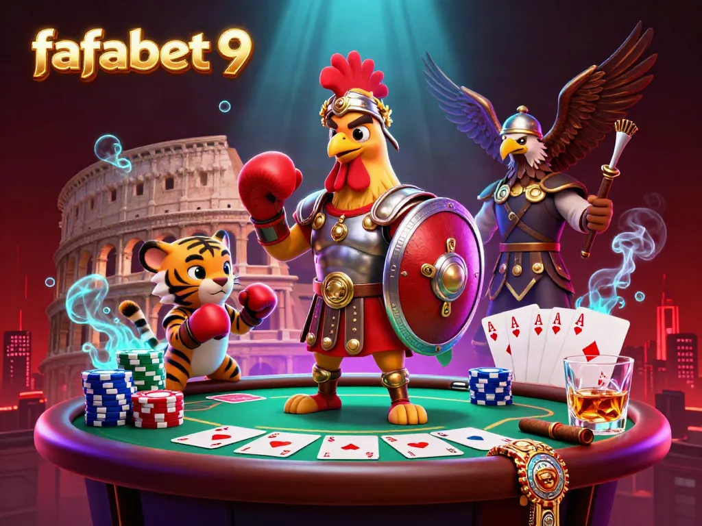 Engage with thrilling poker action at fafabet 9 featuring dynamic characters in a vibrant casino scene.