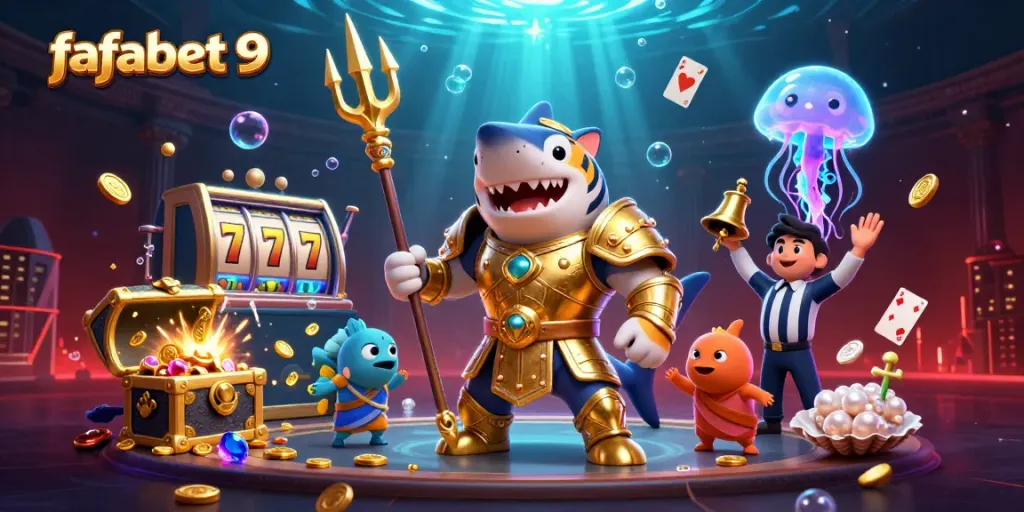 Experience the thrilling atmosphere of fafabet 9 with a fierce tiger shark in golden gladiator armor.