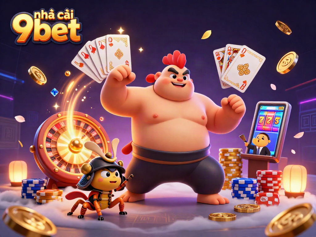 Experience the excitement at nhà cái 9bet with a powerful sumo rooster and spirited cricket in this vibrant casino scene.
