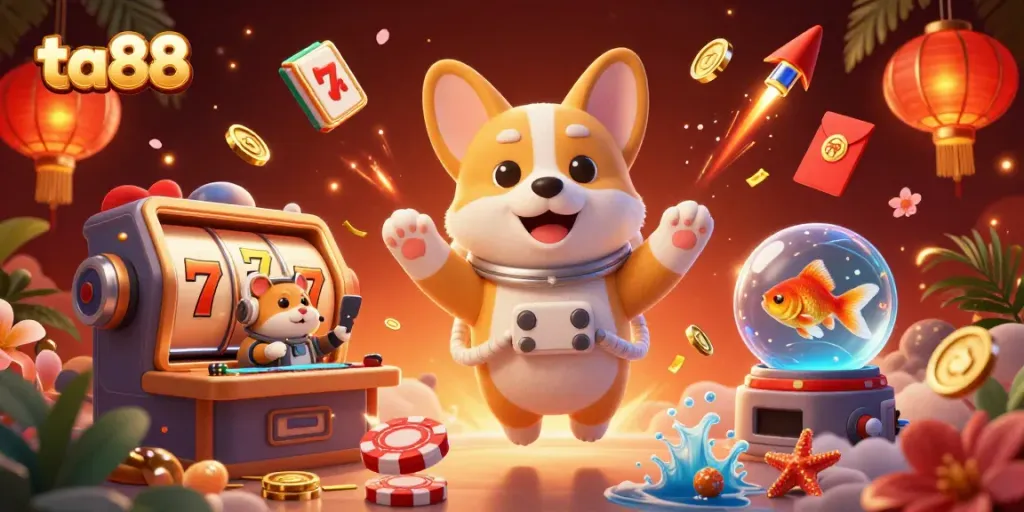 Experience ta88 in a vibrant casino space with floating poker elements and animated characters.