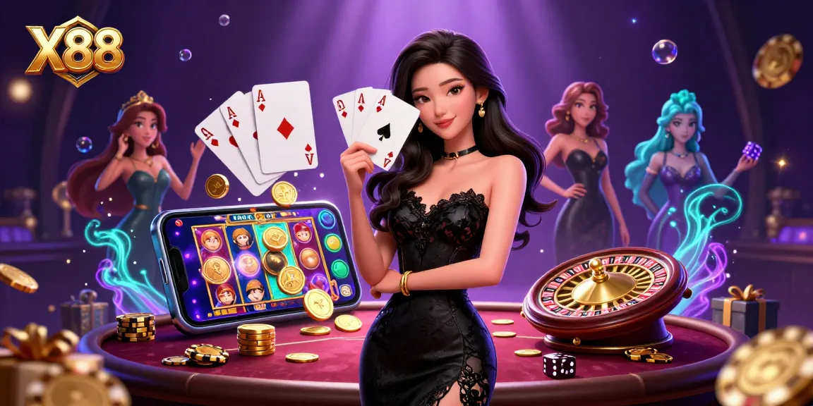 X88 showcases an alluring Asian woman playing blackjack amidst dynamic casino elements for immersive gaming.