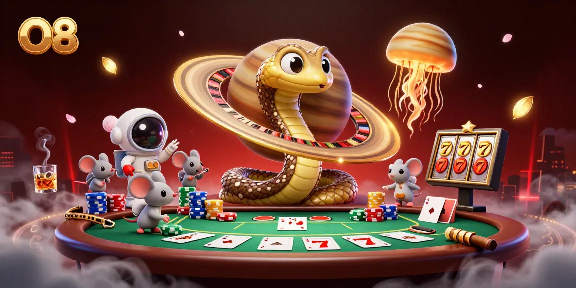 Betting with O8: 3D cartoon scene of casino elements and characters in vibrant action.
