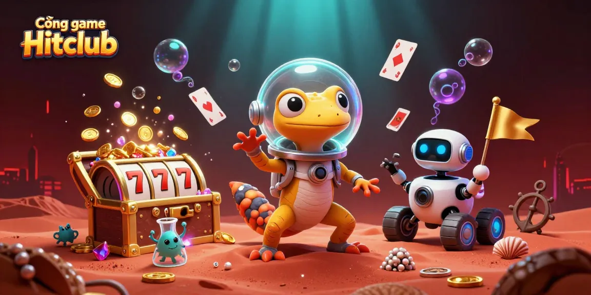 Cổng game Hitclub illustrated scene showcasing thrilling casino with a Martian gecko and robot rover, surrounded by riches.