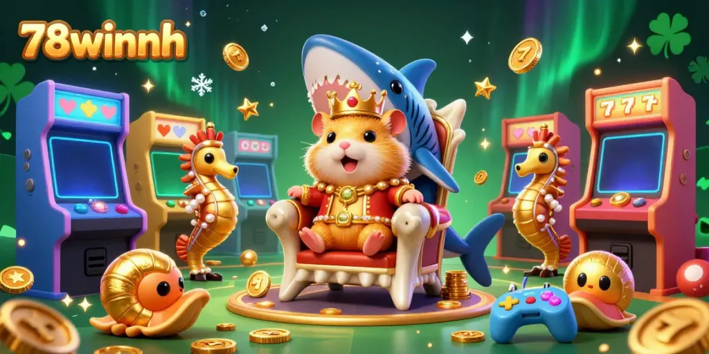 Experience an exhilarating casino adventure with 78winnh, featuring the golden hamster king on his megalodon throne.