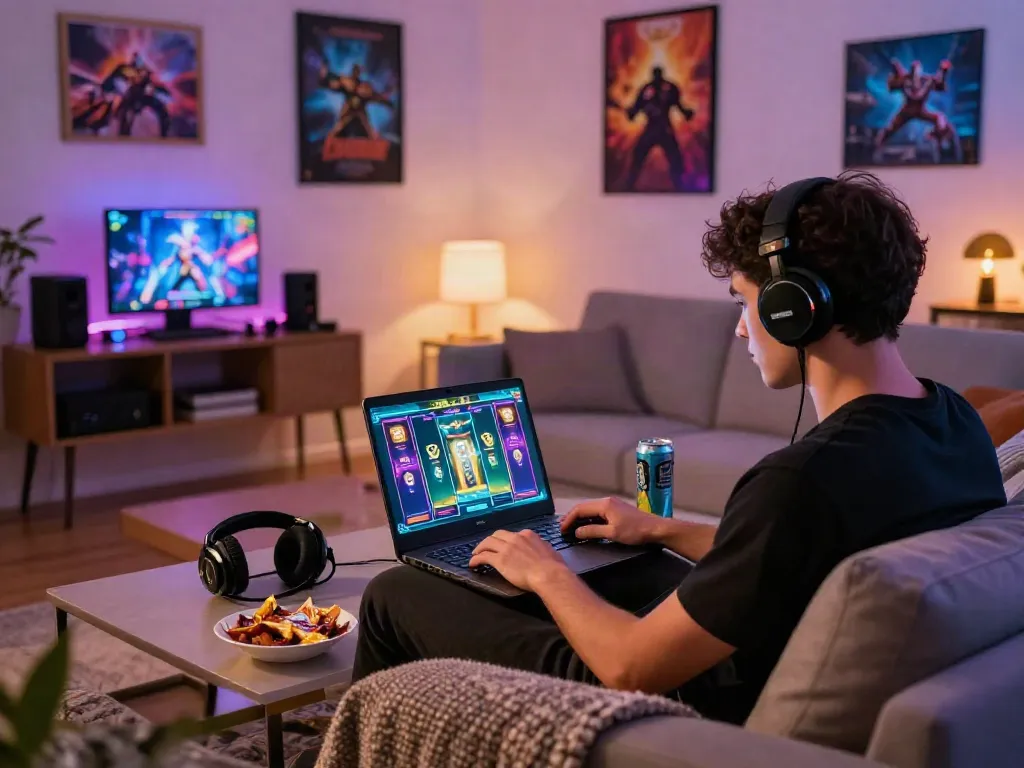 Engaged player enjoying a da88 online slot game on laptop in a cozy living room setting.