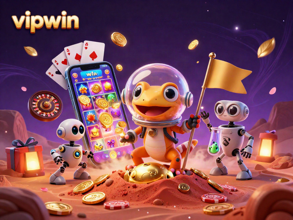 Experience vipwin excitement with a Martian gecko discovering a hidden casino in a vibrant Martian landscape.