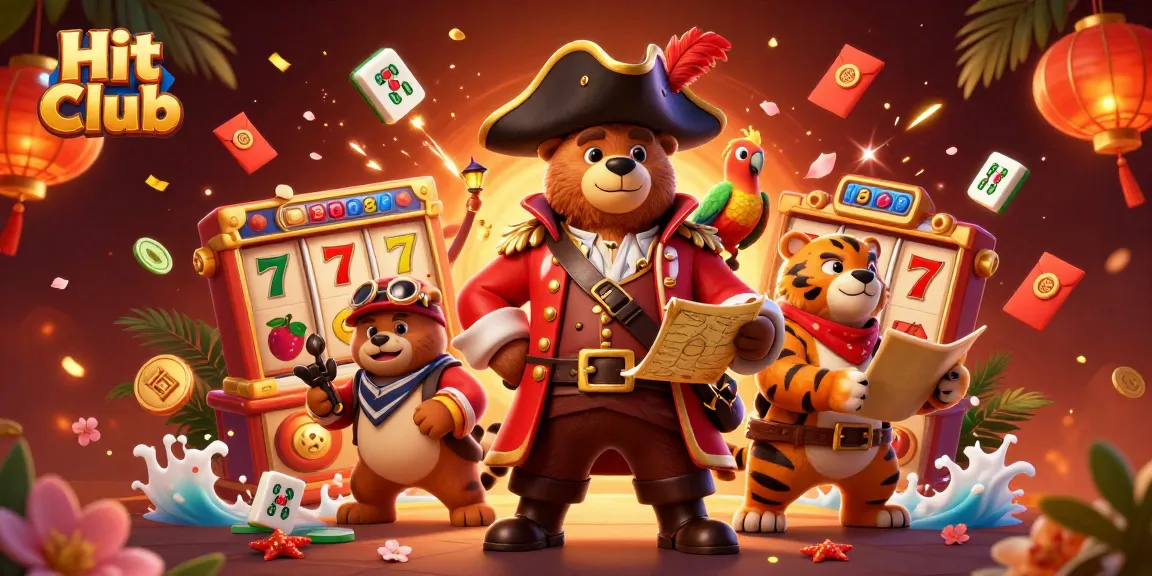 Spin the reels at Hit Club with 3D pirate characters amidst casino excitement.