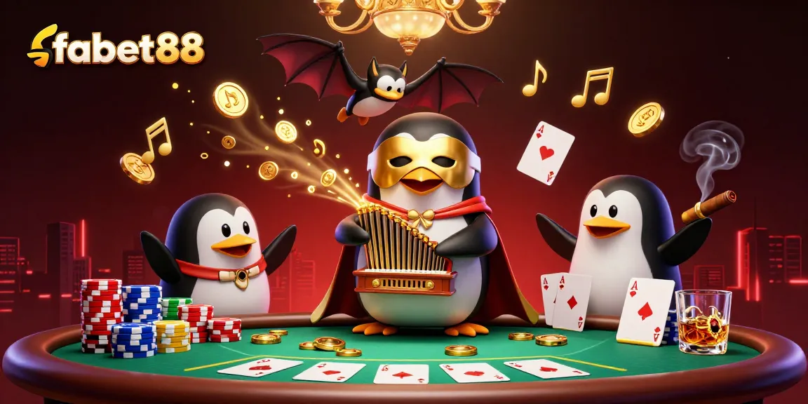 Experience the vibrant world of fabet88 with a captivating 3D casino illustration featuring a penguin organist amidst poker action.