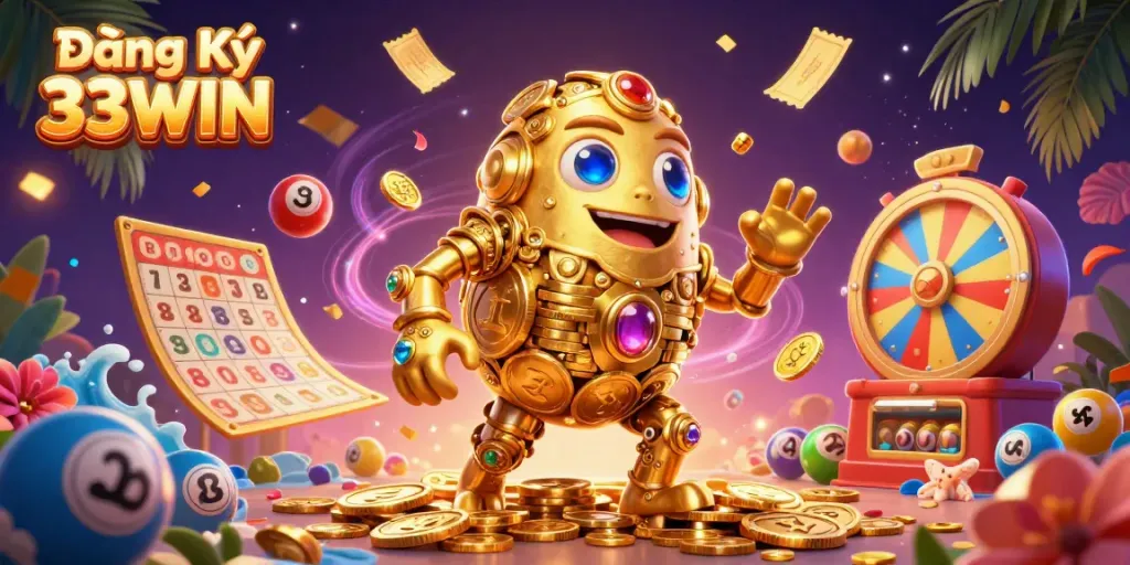 Experience the excitement of Đăng Ký 33WIN with a golden golem made of coins, surrounded by lottery elements and vibrant visuals.