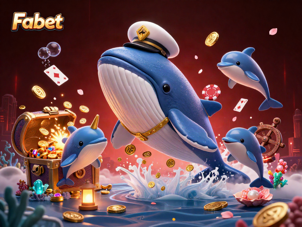 Experience the thrill of Fabet with a whale captain and playful dolphins amidst dazzling treasures.