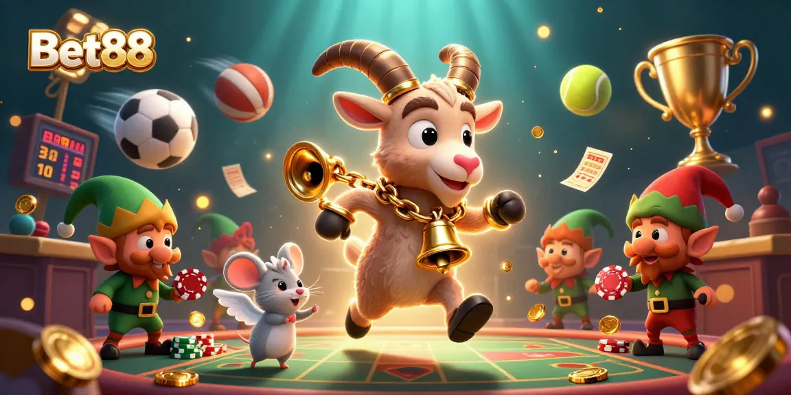Engage in exciting gameplay at Bet88, where a whimsical Krampus goat oversees a vibrant holiday-themed casino scene.