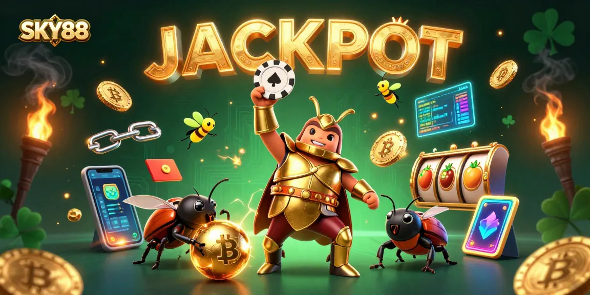 Celebrate SKY88 wins with a vibrant 3D illustration showcasing a victorious beetle lifting a poker chip and fireflies spelling JACKPOT.