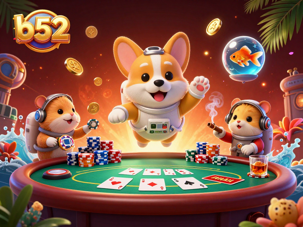 Enjoy thrilling casino moments with b52 as an astronaut corgi floats among poker chips and golden coins.