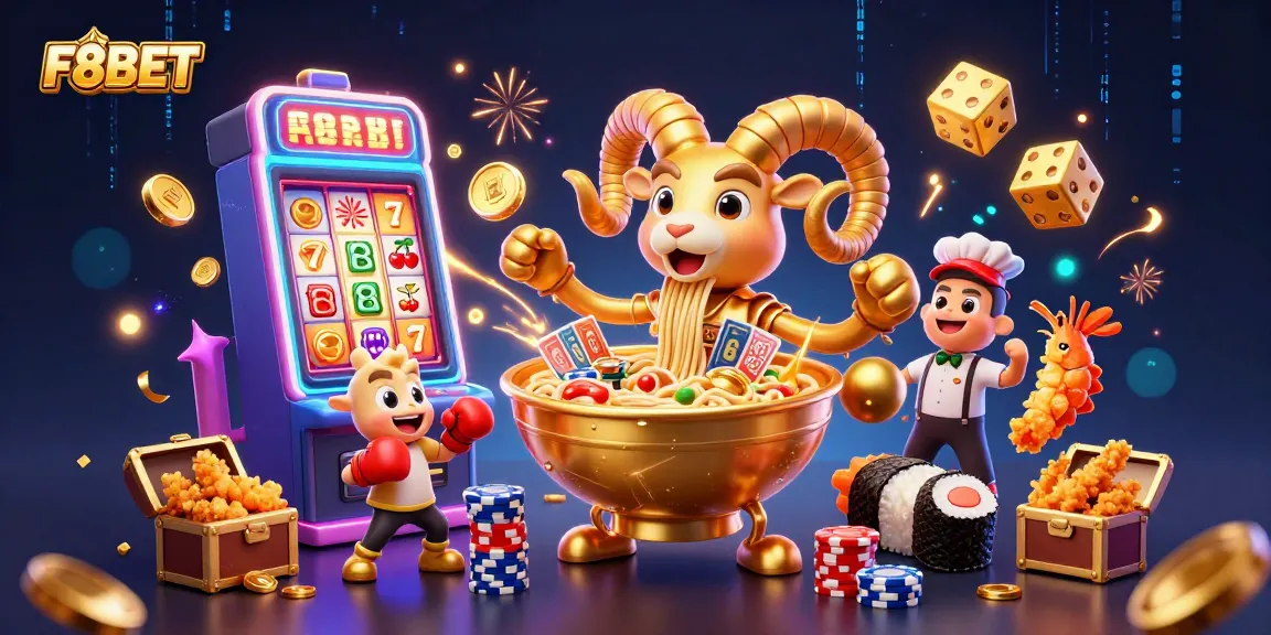 F8BET's vibrant 3D casino scene features a golden ramen bowl character and dynamic game elements.