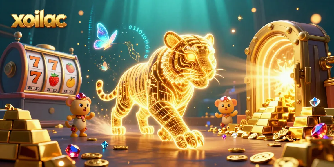xoilac slot game illustration featuring a golden tiger, holographic butterflies, and treasure elements.