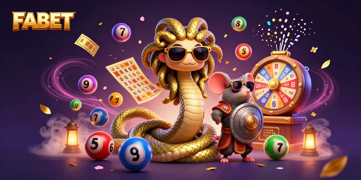 FABET showcases vibrant lottery elements with Medusa and a warrior mouse in playful action.