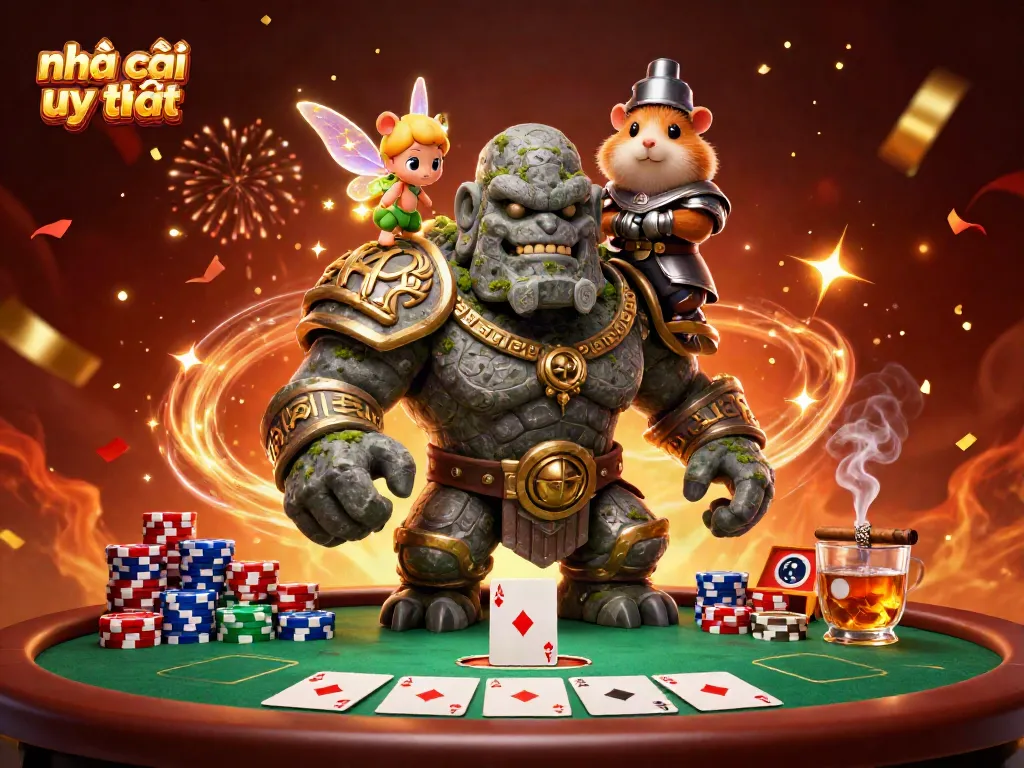 Experience the magic of nhà cái uy tín as a stone golem guardian and tiny fairy cast spells amid a thrilling poker scene.