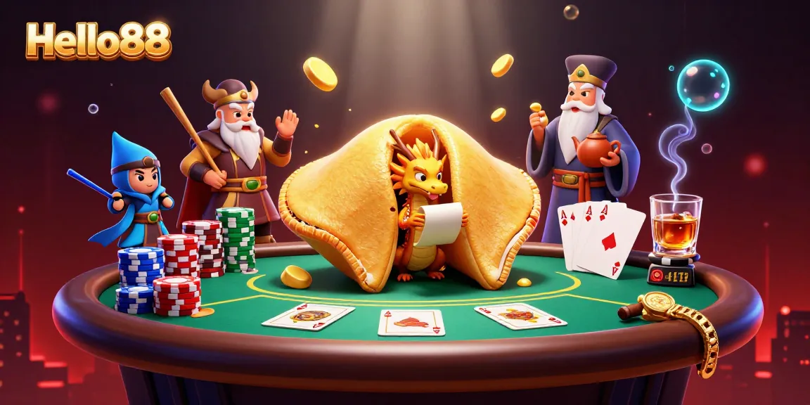 Engage with Hello88's vibrant casino scene featuring poker elements and mythical characters.