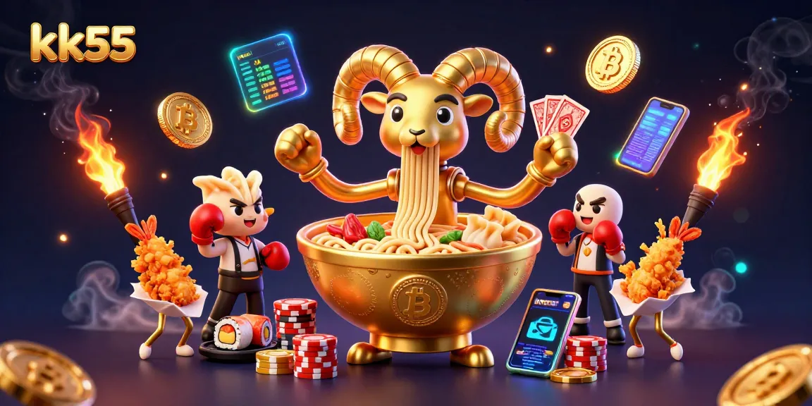 Engage in the vibrant world of kk55 with a dynamic representation featuring lively characters and casino elements.