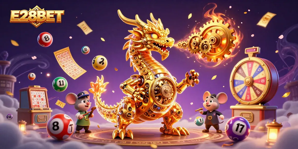 Engage with E28BET's unique 3D illustration of a golden dragon amidst dynamic casino elements.