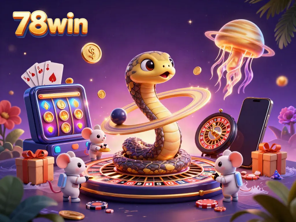 Engaging scene with 78win's cosmic gambling theme: a Saturn ring snake as a roulette wheel and astronaut mice betting