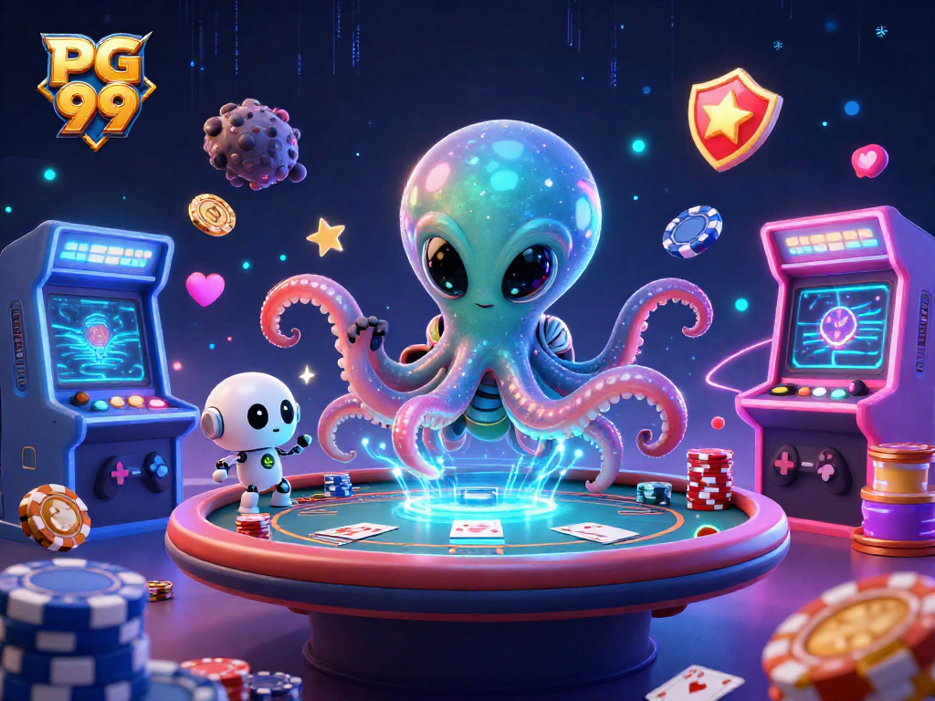 Experience PG 99 with an alien octopus at a holographic poker table, surrounded by action-packed gaming elements.