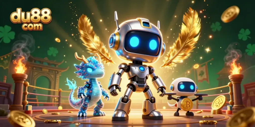 Experience thrilling action at du88 com, a vibrant 3D casino scene with futuristic characters and gaming elements.