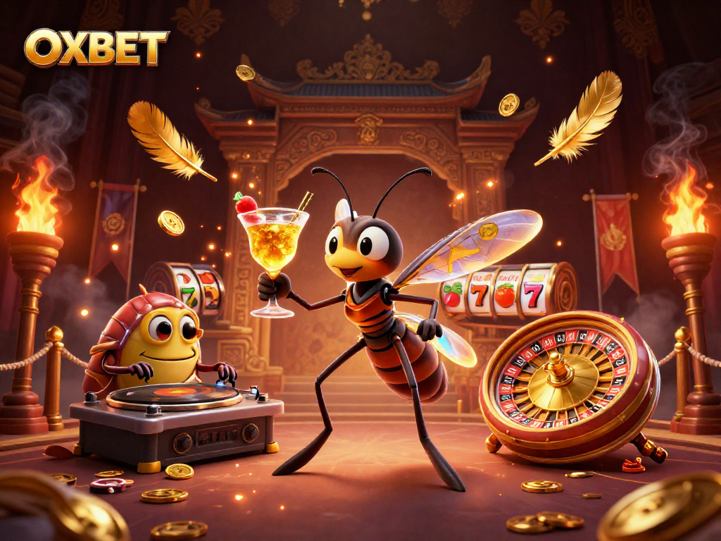 Experience excitement with OXBET as a frozen mosquito casino mascot and trilobite DJ in a vibrant 3D illustration.
