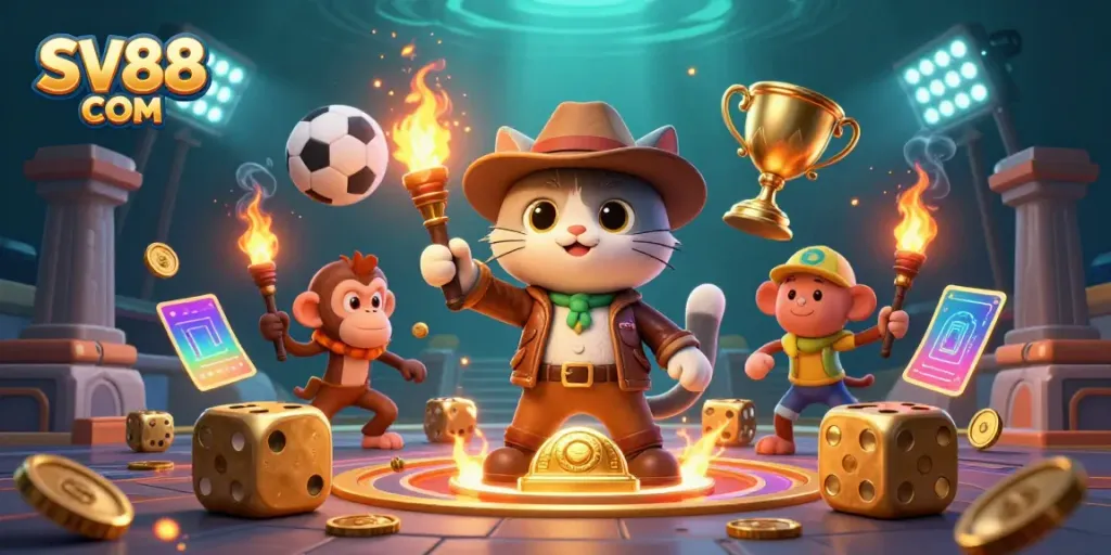 Experience thrilling gaming action with SV88 COM, as a daring cat explorer uncovers treasures amidst sports elements in this vibrant underwater scene.