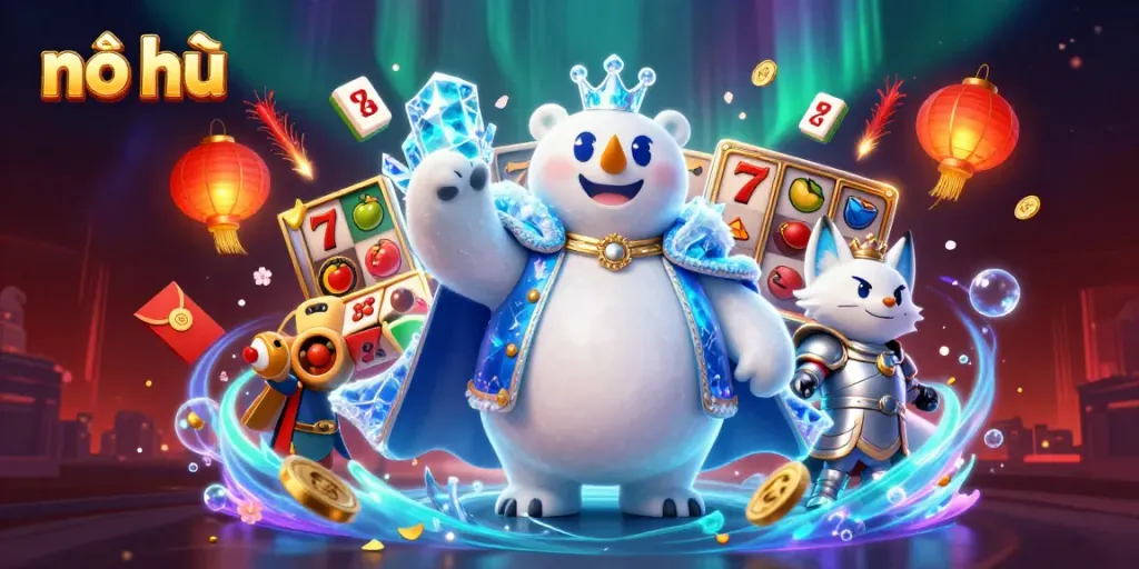 Win big with nỗ hũ at a vibrant casino scene showcasing slot reels and festive elements.