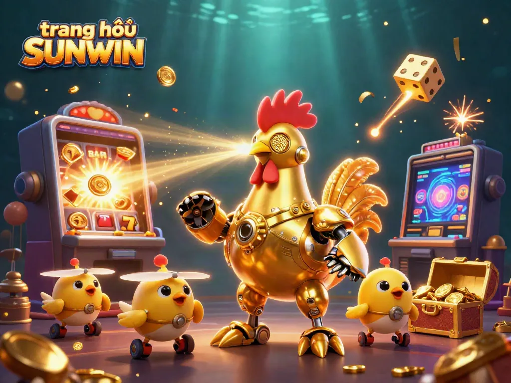 Experience the thrill with trang chủ SUNWIN's vibrant gaming scene, featuring a golden rooster robot and slot machines.