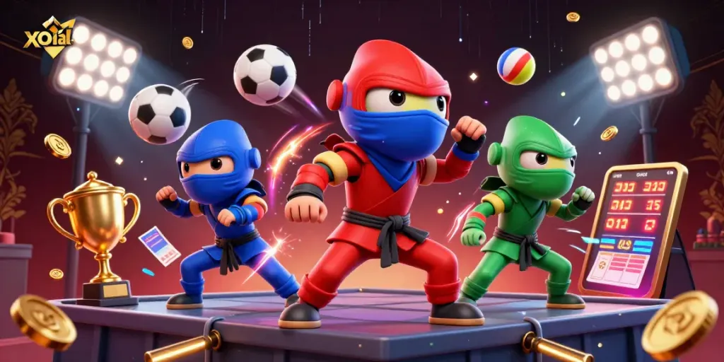 Action-packed illustration of xoilactv showcasing ninja chameleons, sports balls, and betting slips in dynamic poses.