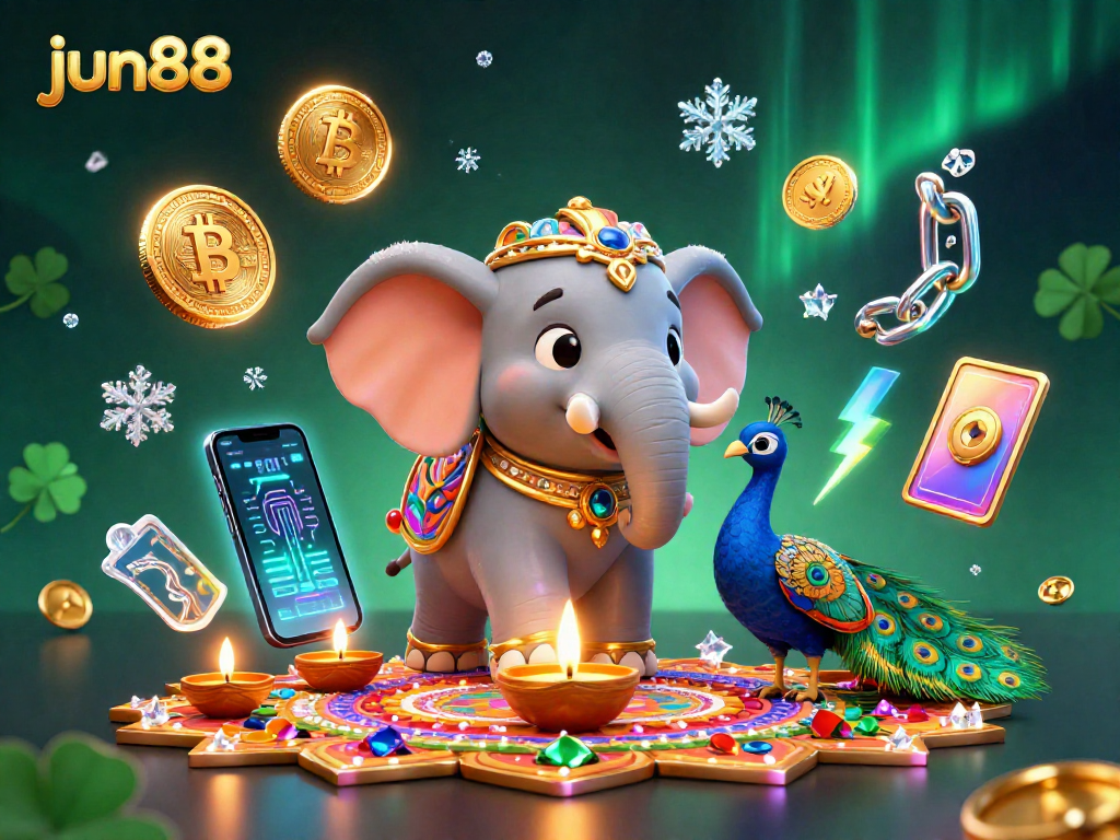 Experience the thrill of jun88 with vibrant 3D casino elements, featuring Bitcoin and Ethereum coins.