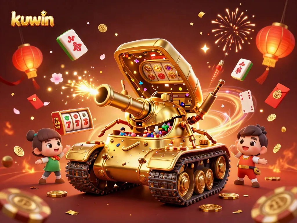 Kuwin engaging players with vibrant slot reels and festive elements in a dynamic casino tank scene.