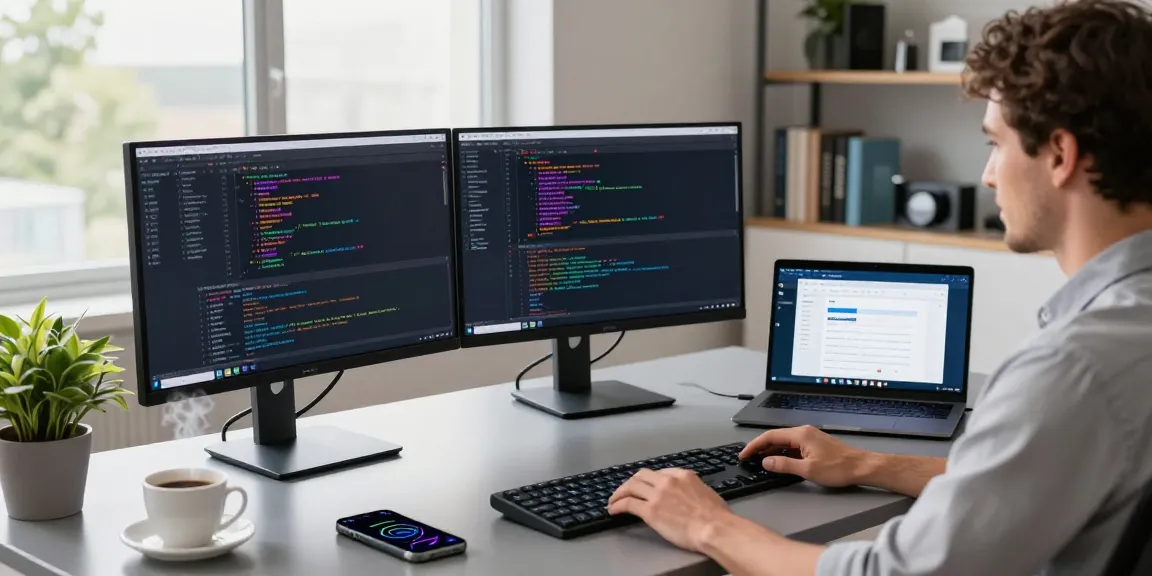 Download WPS Office at a professional digital workspace with dual monitors and vibrant coding.