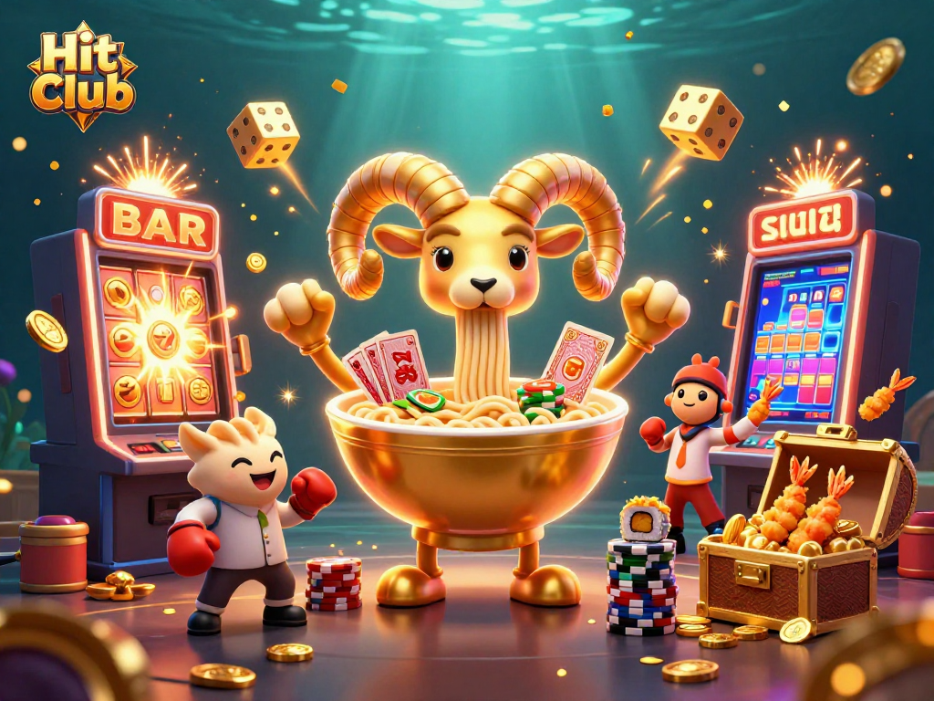 Hit Club features a giant ramen bowl dealer and vibrant casino-themed elements bursting with excitement.