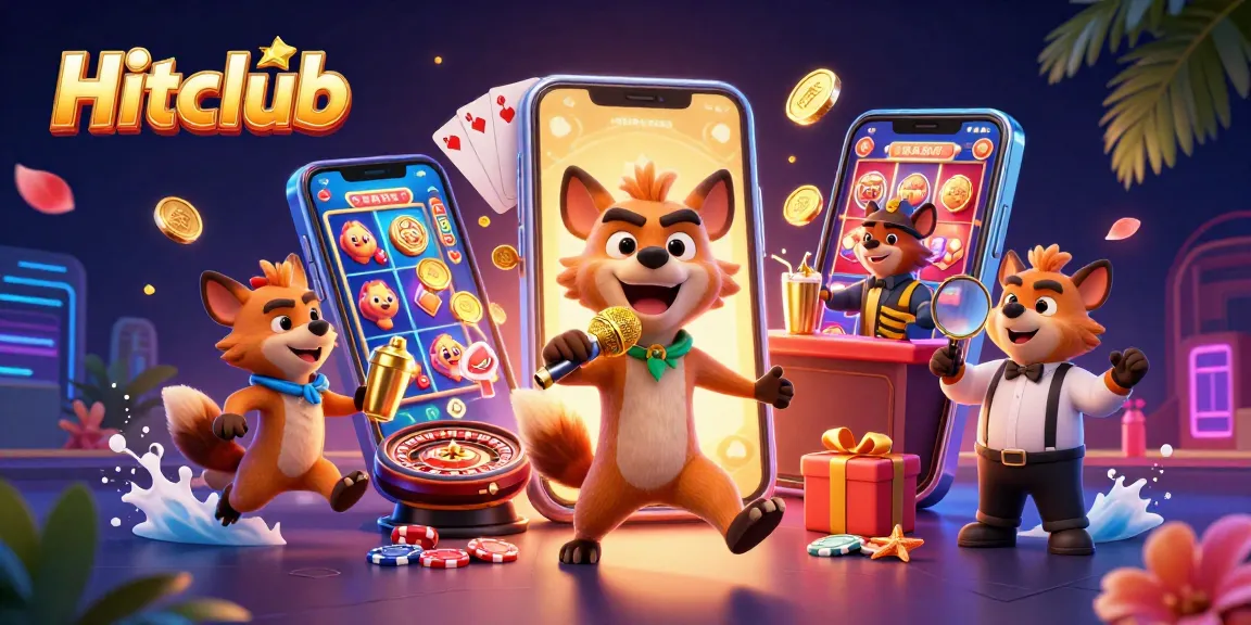 Engage with the vibrant Hitclub gaming experience featuring playful hyenas in a lively casino scene.