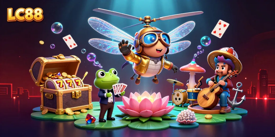 Engage with the captivating LC88 dragonfly pilot in an exciting lily pad casino scene filled with vibrant treasures and action.