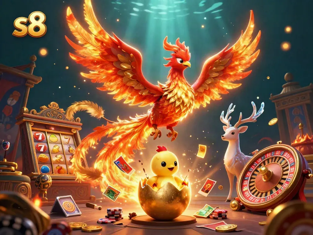 Engage with s8's vibrant 3D phoenix scene showcasing thrilling slot machines and winning cards