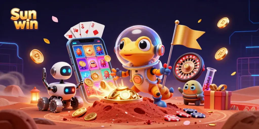 Engage with Sun win's vibrant casino experience featuring a Martian gecko discovering a golden casino.