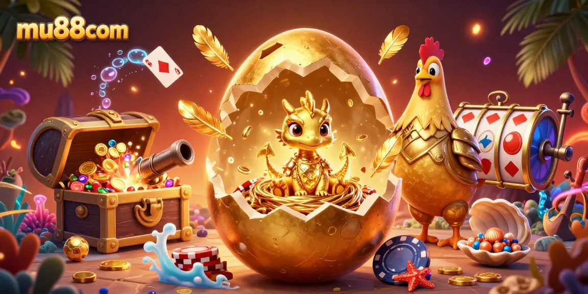 Win big at mu88com with a dynamic 3D illustration of a golden dragon amidst casino treasures.