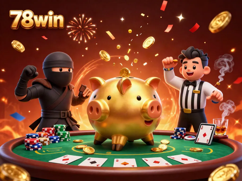 Experience thrilling gameplay with 78win in a dynamic casino scene featuring vibrant characters, poker chips, and gold coins.