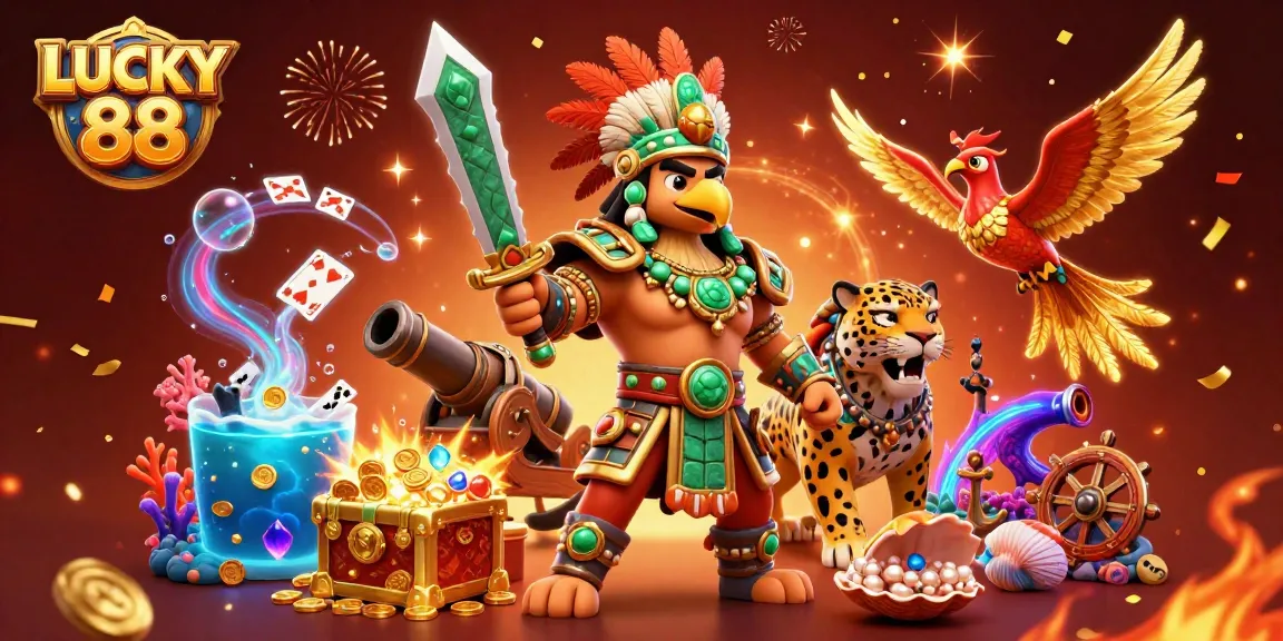 Experience LUCKY 88's thrilling atmosphere with vibrant imagery showcasing majestic characters and dynamic gambling elements.