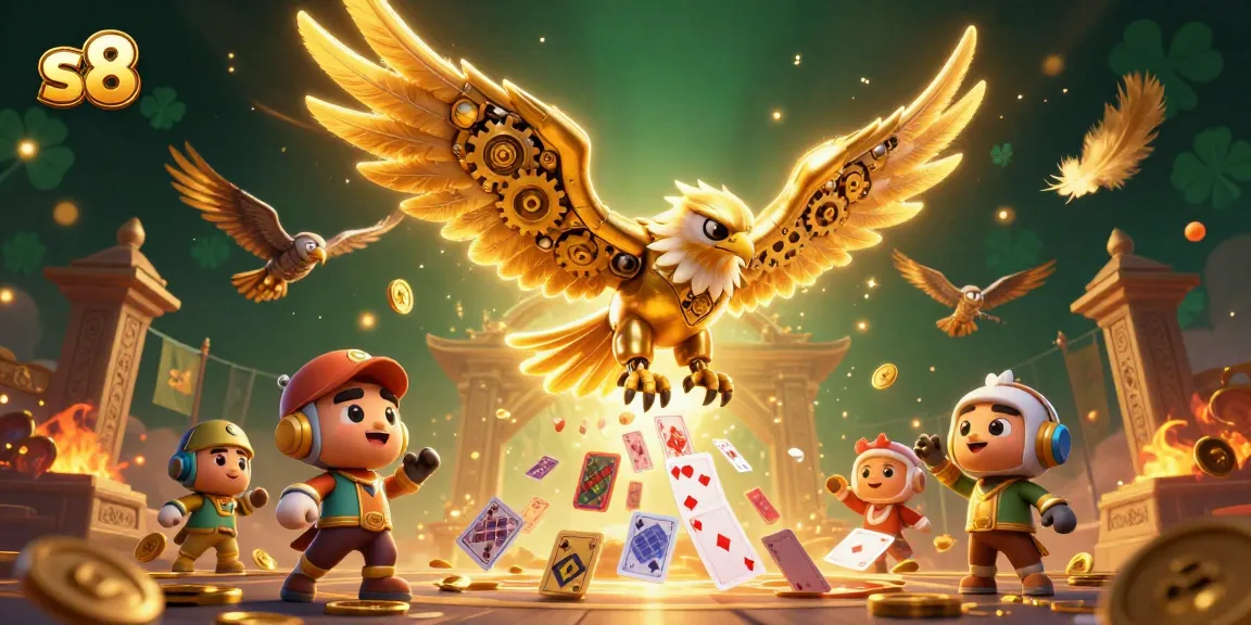 S8 captures the thrilling moment of a cybernetic golden eagle diving through holographic playing cards.