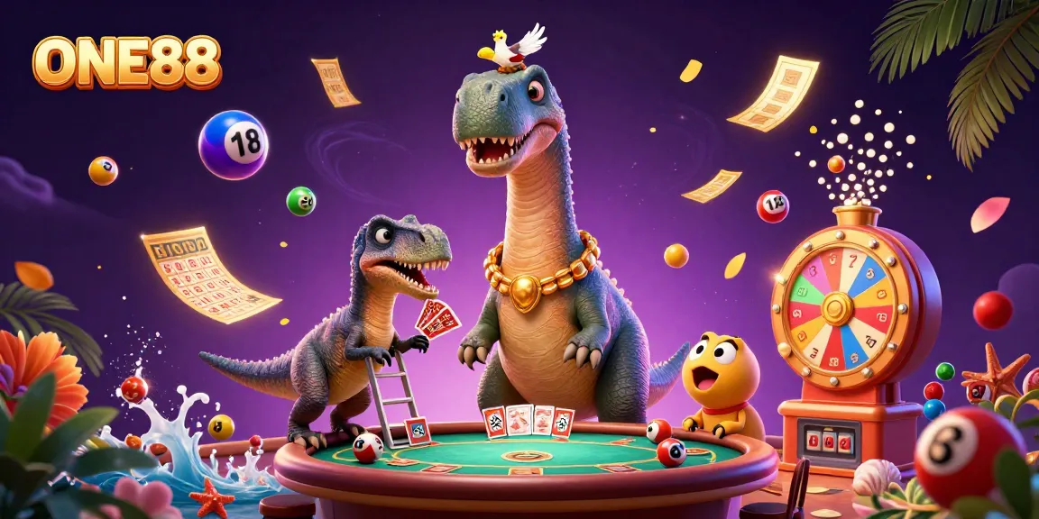 ONE88 captures thrilling casino gaming with an illustrated brontosaurus and clever raptor, vibrant gambling elements.