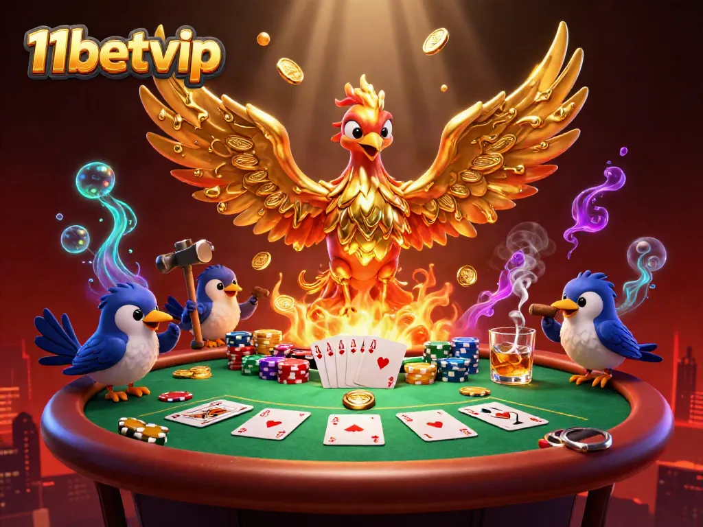 Experience the thrill of online gaming with 11betvip's dynamic casino imagery, featuring a golden phoenix and vibrant poker elements.
