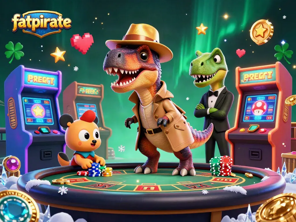 A cartoon velociraptor card counter at a blackjack table represents fatpirate's gaming world, enhanced with vibrant casino elements.