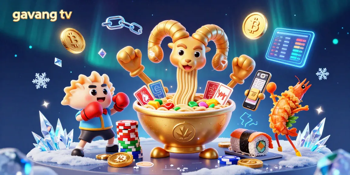Engaging scene showcasing gavang tv with a golden ramen bowl character dealing cards amidst crypto elements.