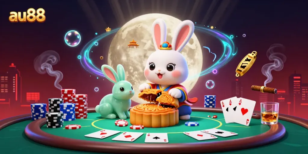 Experience exciting poker action with the au88 moon rabbit, revealing chips amidst vibrant casino elements.