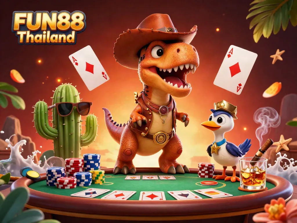 Engage in thrilling poker action with FUN88 Thailand, featuring a cowboy dinosaur and colorful poker elements.
